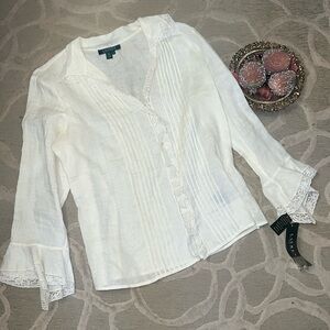 NWT🌷LAUREN RALPH LAUREN🌷Morton Hall Colonial Cream linen lace trimmed LS blouse